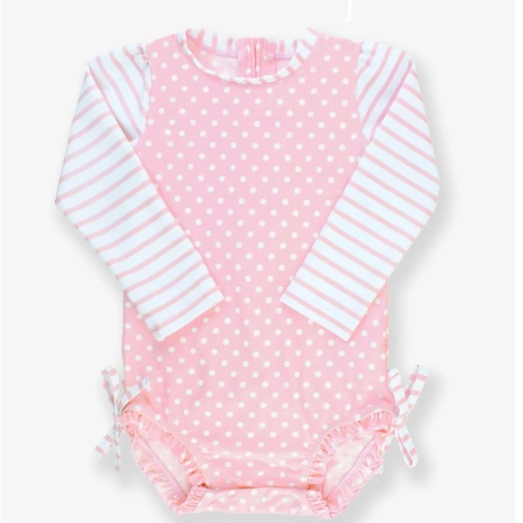 Ruffle Butts Pink Polka Dot Long Sleeve One Piece Rash Guard 3-6 Months - Picture 5 of 5